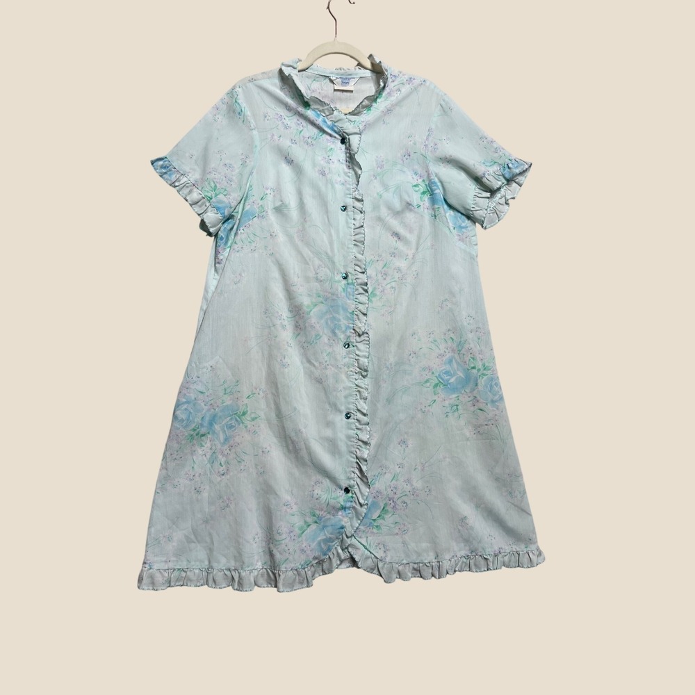 Vintage 70s Sears Floral Nightgown Duster Mint Blue Ruffle Button Front Large